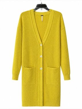 Free People Longline Duster Cardigan Ribbed Cotton Pockets Butter Mustard Yellow